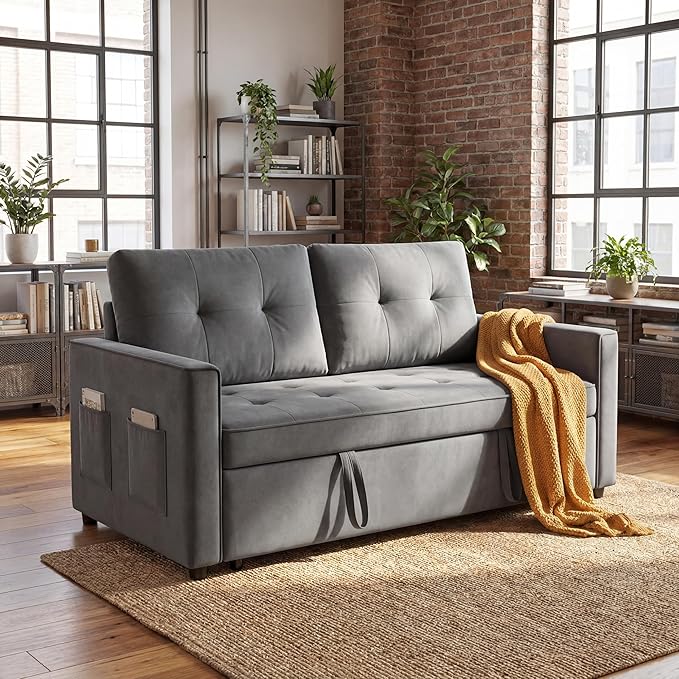 Convertible Sofa Bed, Pull Out Couch with Side Pockets, 3 in 1 Velvet Fabric Loveseat Sleeper Sofa Bed, Pull Out Couch with Adjustable Backrest for Living Room, Bedroom, Apartment, Black