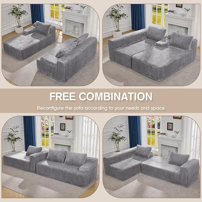 Hobestluk Modular Sectional Sofa Boneless Couch L-Shape Couch 3 Seat Modular Couch Memory Foam Sectional Couches for Living Room Furniture, Cloud Couch with Oversized Chaise (108" Left Facing Chaise)