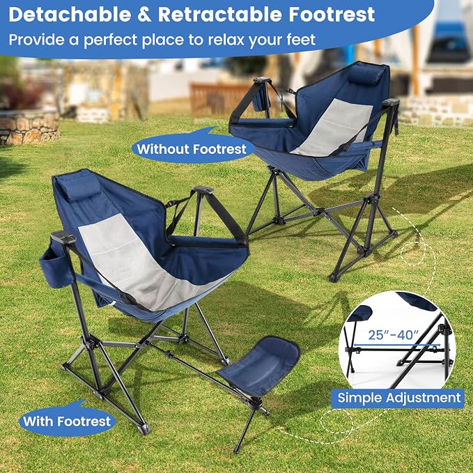 COSTWAY Folding Camping Chair, Portable Beach Chair with Retractable Footrest, Adjustable Back, Cup Holder & Carry Bag, Outdoor Lawn Patio Chair for Camping, Fishing, Hiking (Navy, 1 Pack)