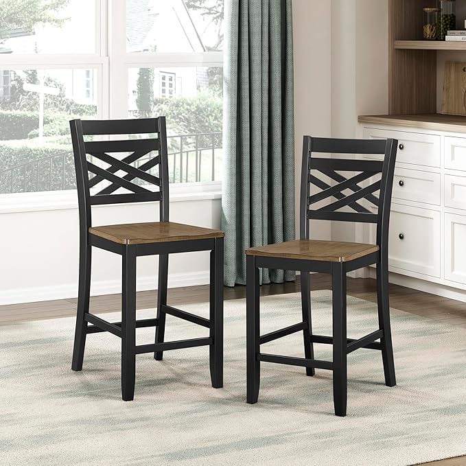 Lexicon 5 Piece Counter Height Dining Set for 4 - Acacia Veneer Wood Table Round with Storage Shelf and Cross Back Chairs, Dining Room Small Kitchen Table Set for 4, Two-Tone Finish (Brown and Black)