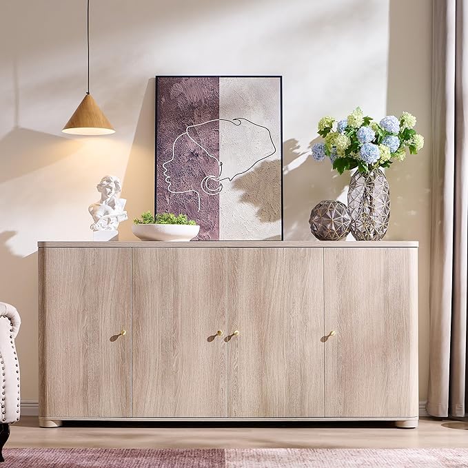 Curved Buffet Cabinet with Doors, 66" Large Sideboard Buffet Storage Cabinet with 4 Doors and Shleves, Modern Coffee Bar Station Wood Kitchen Table for Kitchen, Dining Room, Light Grey