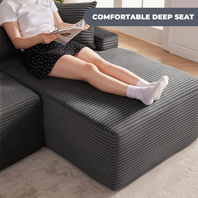Mangodan Cloud Sectional Sofa, Boneless Couch for Living Room, Modular Sectional Sofa with Deep Seat, Fluffy L-Shaped Comfy Couch with Right-Facing Chaise, No Assembly Required, Grey