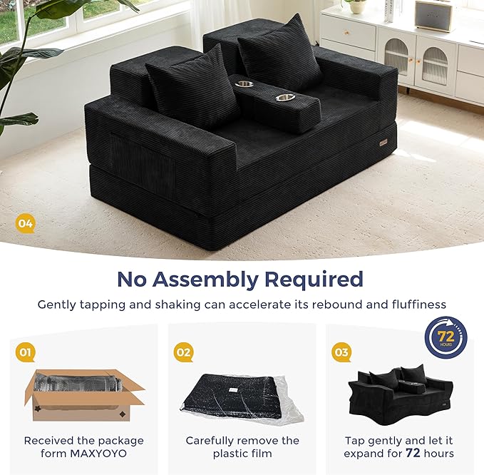 MAXYOYO Loveseat Sofa Bed, 64" Foldable Floor Sofa Couch in A Box with 2 Cup Holders, 4 in 1 Convertible Boneless Couch Folding Recliner Sleeper Chair for Living Room, No Assembly Required, Black