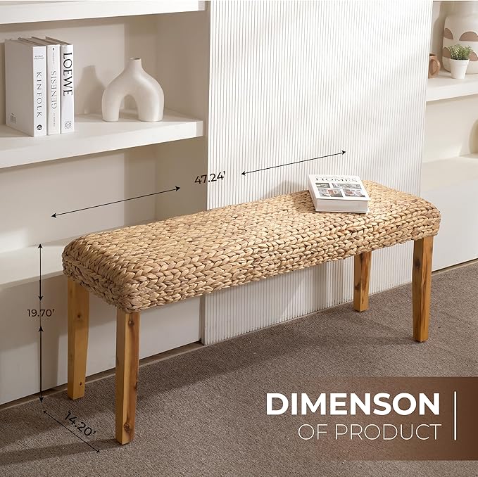 Solid Wood Acacia Indoor Bench with Natural Woven Seat, 47 Inch Wood Bench for Living Room or Entryway Benc, Bedroom End of Bed Bench or Dining Benches, Window Bench (Fishbone, Water Hyacinth)