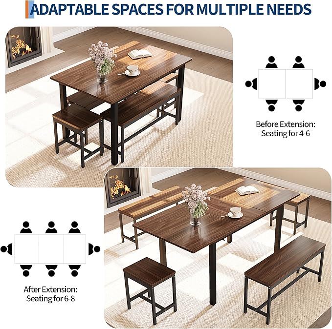 Garvee 5 PCs Extendable Dining Table Set for 4-8 People, 63 in Kitchen Table with 2 Benches & 2 Stools, Modern Dining Room Furniture, Easy Assembly Metal Frame