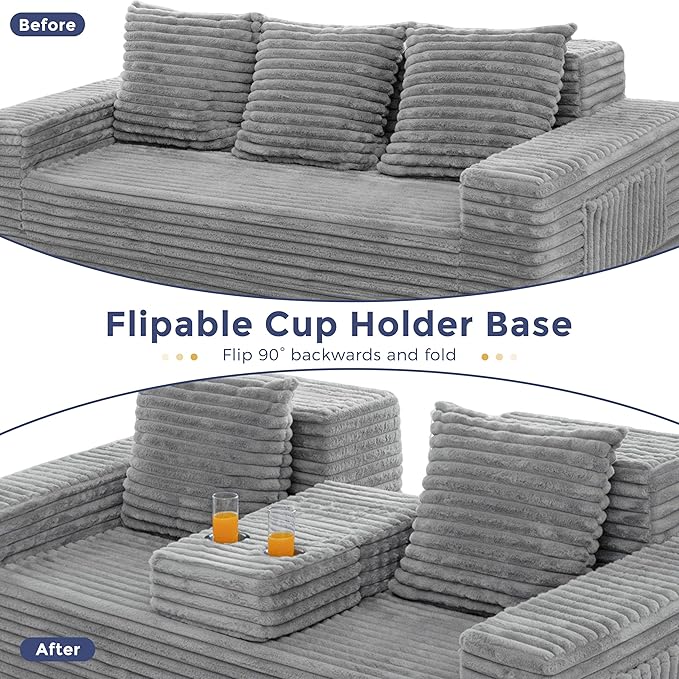 MAXYOYO Loveseat Sofa Bed, Striped Faux Fur Foldable Floor Sofa Couch in A Box, 4 in 1 Convertible Boneless Couch with 2 Cup Holders, Folding Recliner Sleeper Chair, No Assembly Required, Grey
