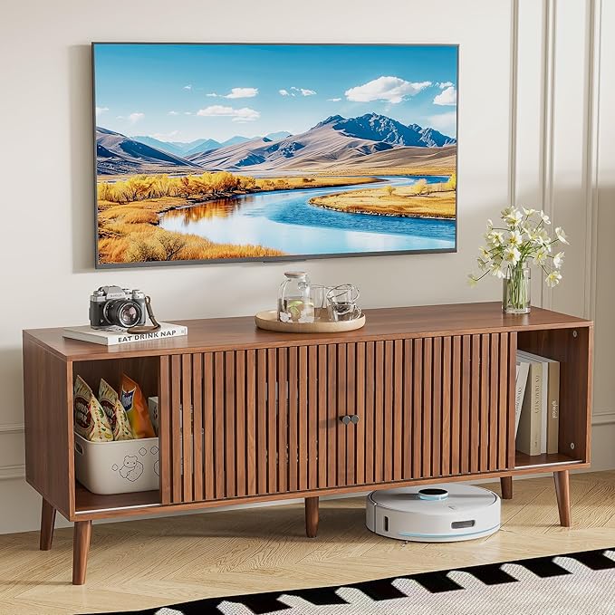 Oubayajia Mid Century Modern TV Stand for Televisions up to 60 Inches, with Sliding Doors and Storage, Television Stands, TV Consoles, Media Consoles for Living Room(Walnut-51.2inch)