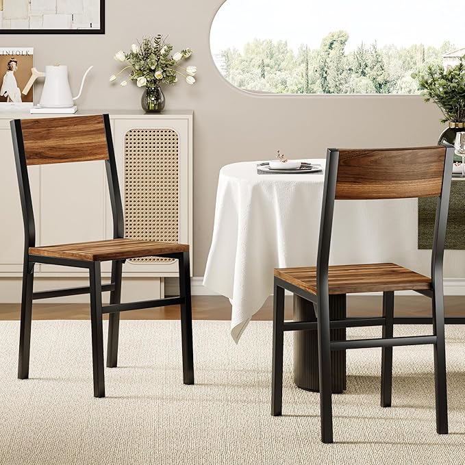 Feonase Dining Chairs and Benches Set of 4, Modern Dining Room Chairs with Ergonomic Backrest, Wood Structure & Metal Legs, for Kitchen, Dining Room, Space-Saving, Easy to Assemble & Clean, Walnut