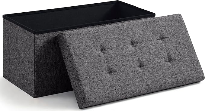 Ornavo Home Folding Storage Ottoman, 30 Inch Large Storage Bench with Lid, Foot Rest Stool for Bedroom, Living Room, Entryway, Tufted Linen Upholstered - Dark Gray