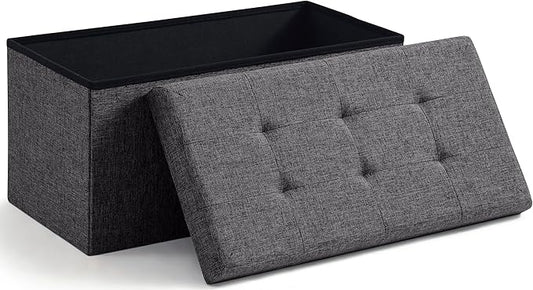 Ornavo Home Folding Storage Ottoman, 30 Inch Large Storage Bench with Lid, Foot Rest Stool for Bedroom, Living Room, Entryway, Tufted Linen Upholstered - Dark Gray