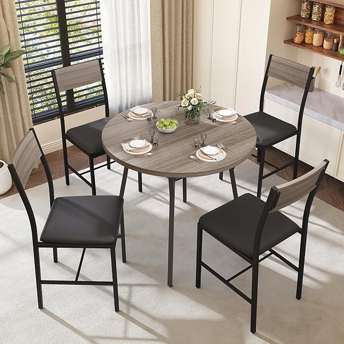 Pamapic Round Dining Table Set for 4, Kitchen Table and Chairs for 4, Dining Room Circle Dinner Pedestal Table, Solid Metal Frame, Space Saving Wood Small Kitchen & Dining Room Furniture, Gray