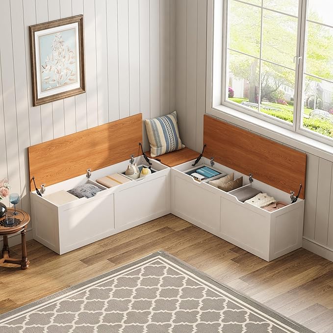 L Shape Kitchen Breakfast Nook Bench, Kitchen Corner Nook Bench Seating with Hidden Storage, Corner Dining Bench for Entryway. (Yellow + White)