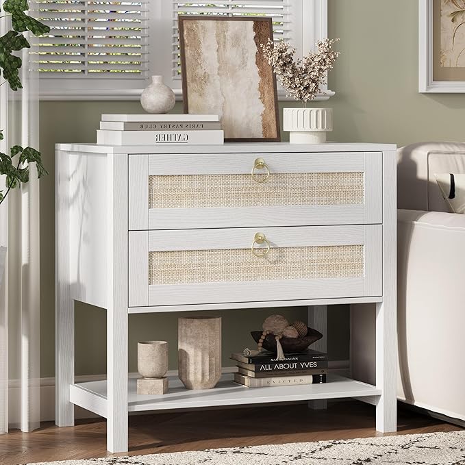 Xixini Nightstand Set of 2, Rattan Boho Bedside Table with 2 Drawers, Open Shelf & Brass Knobs, Small Mid Century Modern Night Stand, Wooden End Side Table for Bedroom, Living Room, Closet, White