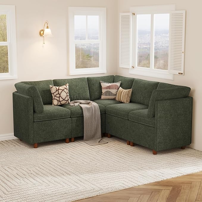 SITJOY Breakfast Nook Bench with Storage, Modular Corner Kitchen Banquette Seating, Dining Settee Couch, Upholstered Dining Bench with Back, Soft-to-Touch Fabric in Green, 5-Seat L Shaped Booth