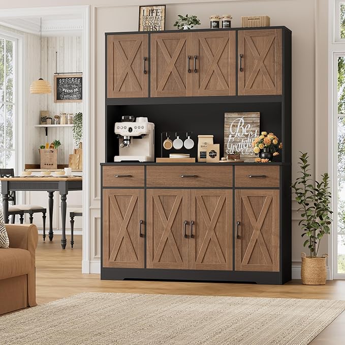 HOSTACK 71" Tall Pantry Cabinet with Charging Station, 55" Wide Kitchen Pantry Storage Cabinet with Countertop, Large Kitchen Hutch with Storage Drawers for Dining Room, Brown/Black
