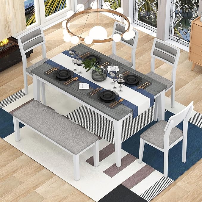 Harper & Bright Designs Kitchen Dining Table Set for 6, Classic and Traditional Style 6 Piece Kitchen Dining Table Set, 4 Upholstered Chairs & Bench (White+Gray)