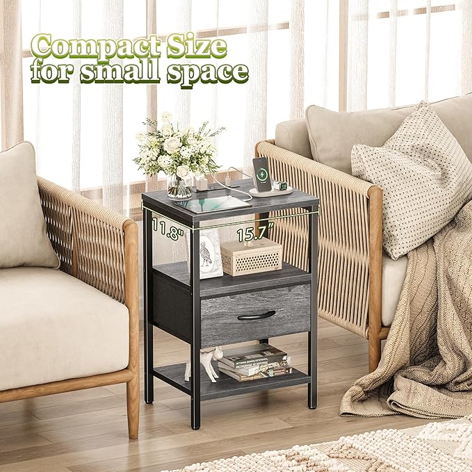 SUPERJARE Nightstand with Charging Station, Bed Side Table with Adjustable Fabric Drawer, Night Stand for Bedroom, 3-Tier Storage End Table, for Living Room, Grey