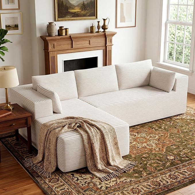 106" Cloud Sectional Boneless Couches for Living Room, Modular L Shaped Couch with Deep Seat Oversized Left Facing Chaise, Memory Foam Compressed Spineless 3 Seater Sofa for Bedroom Apartment, Beige