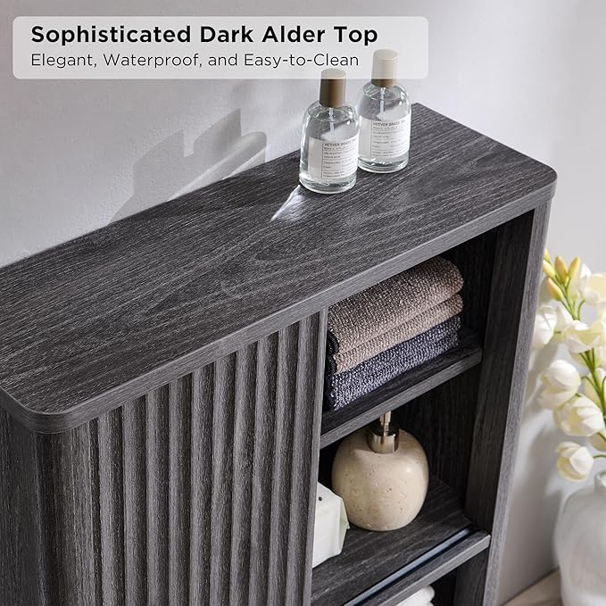 RedLemon Bathroom Wall Cabinet with Fluted Sliding Door, Modern Medicine Cabinet with Adjustable Shelf, Curved Profile Wall Mounted Storage Organizer, Dark Alder