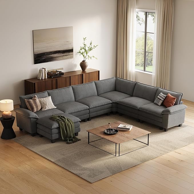 LINSY HOME Modular Sectional Sofa, 6-Seat Corduroy Modern Cloud Couch with Deep Seat & 1 Movable Ottoman, Perfect for Living Room, Office, Bedroom, Grey