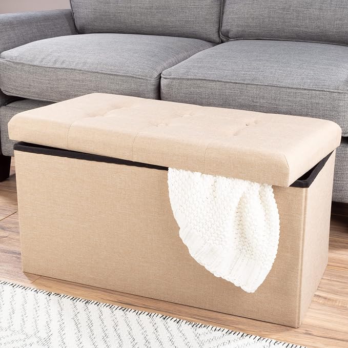 Lavish Home Folding Storage Ottoman - 30-Inch Tufted Footrest, Linen Chest, or Bench with Removable Bin for Living Room, Bedroom, or Dorm (Beige)