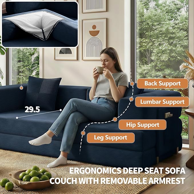 78.8" Convertible Sofa Bed with Armrest Pillow, 4-in-1 Sleeper Couch Bed for Livingroom, Modular Corduroy Boneless couches, No Assembly (Blue)