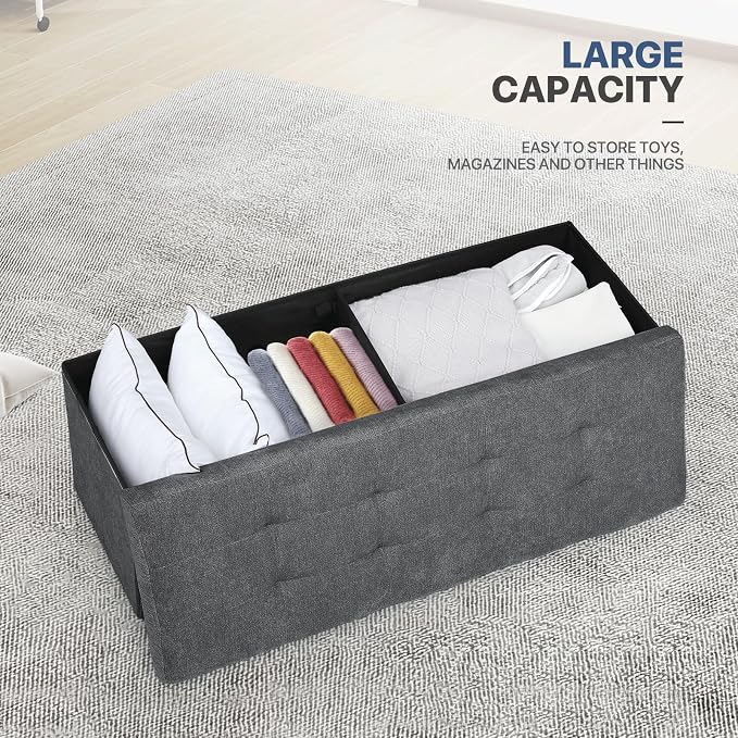 MoNiBloom 43 Inches Folding Storage Ottoman Bench, Storage Chest, Padded Seat, End of Bed Bench, Linen Fabric Ottoman Footrest for Living Room, Bedroom, Entryway, Dark Gray
