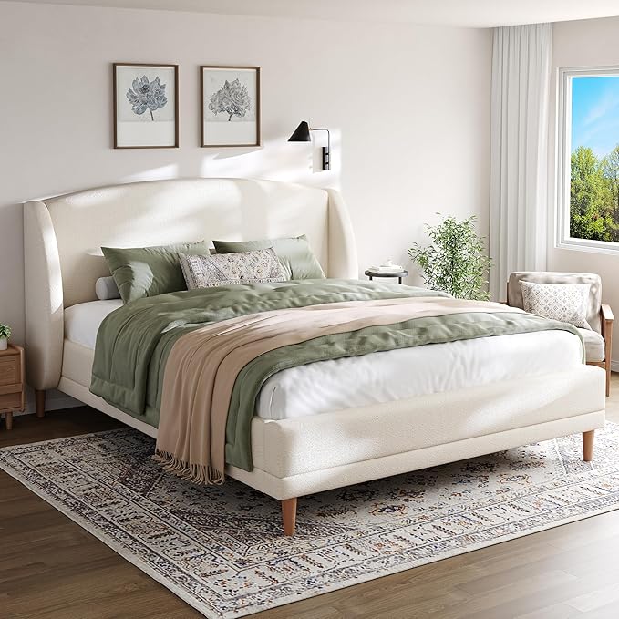 Christopher Knight Home Hazel Queen Size Bed Frame, Upholstered Platform Bed, Soft Boucle Wingback Headboard, Wood Bed Support and Slats, Curved-Shaped Headboard Queen Bed for Adult, 44.50" H White
