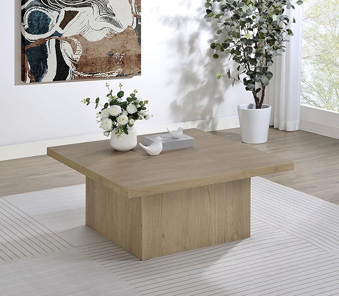 Coaster Home Furnishings - Devar - Wood - Square Coffee Table with Pedestal Base, Geometric Design and Transitional Style - Living Room - Latte - 710918