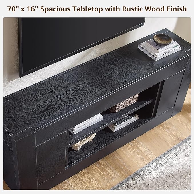 OKD Modern 70" TV Stand, Entertainment Center for TVs Up to 80", Media Console with Large Open Storage & Side Cabinets, Thick Wood Design for Living Room, Black Oak