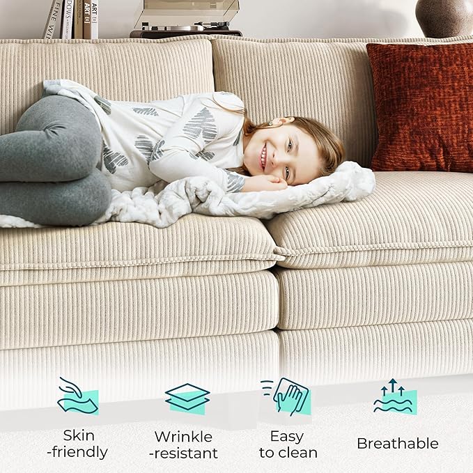 LINSY HOME 90" Modular Cloud Love Seat Sofa, Corduroy Soft Sectional Couch, Modern Comfy Love Seat, Perfect for Living Room, Apartment, Office, Beige