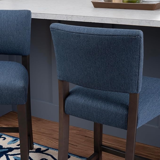 Linon Brasko Dark Espresso Wood with Dark Blue Upholstery 24" Seat Height Counter Stool in a Set of 2