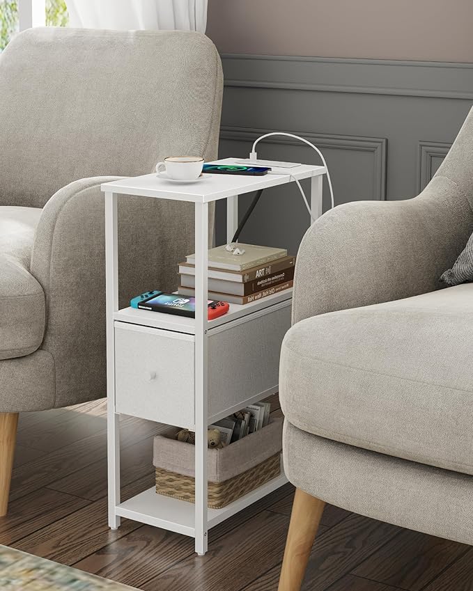 TUTOTAK Small Narrow End Table with Charging Station, Set of 2, Side Table with Outlets, Nightstand with Cloth Drawer, Couch Table, for Living Room, Bedroom, Bedside, White TB01BW058