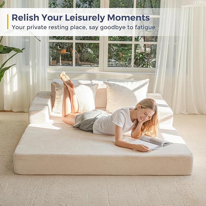 MAXYOYO Loveseat Sofa Bed, 64" Foldable Floor Sofa Couch in A Box with 2 Cup Holders, 4 in 1 Convertible Boneless Couch Folding Recliner Sleeper Chair for Living Room, No Assembly Required, Beige