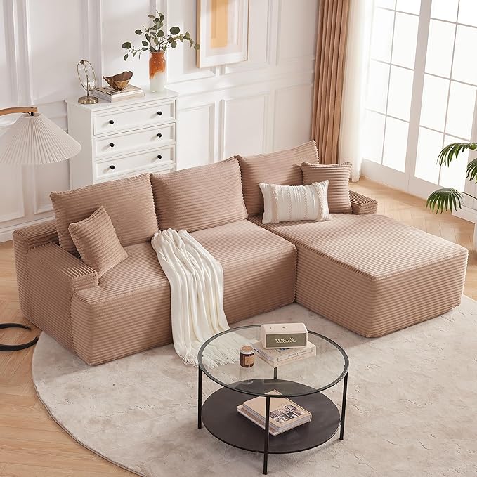Mangodan Cloud Sectional Sofa, Boneless Couch for Living Room, Modular Sectional Sofa with Deep Seat, Fluffy L-Shaped Comfy Couch with Right-Facing Chaise, No Assembly Required, Camel