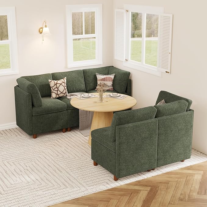 SITJOY Breakfast Nook Bench with Storage, Modular Corner Kitchen Banquette Seating, Dining Settee Couch, Upholstered Dining Bench with Back, Soft-to-Touch Fabric in Green, 5-Seat L Shaped Booth