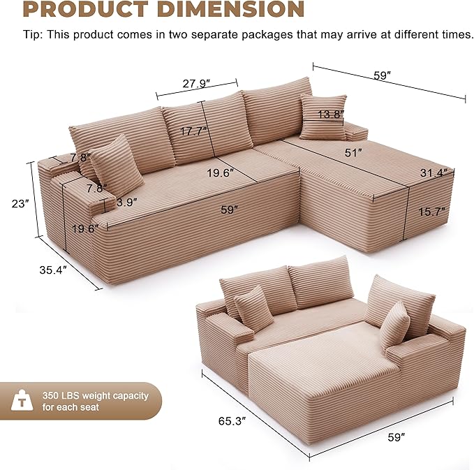 Mangodan Cloud Sectional Sofa, Boneless Couch for Living Room, Modular Sectional Sofa with Deep Seat, Fluffy L-Shaped Comfy Couch with Right-Facing Chaise, No Assembly Required, Camel