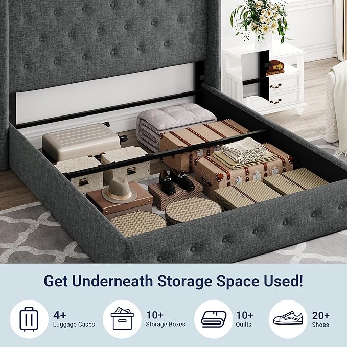 Allewie Full Size Lift Up Storage Bed, Button Tufted Headboard with Wingback, Hydraulic Support, No Box Spring Needed, Dark Grey
