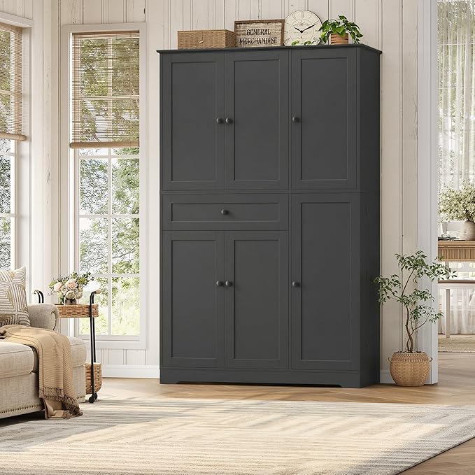 HOSTACK 68" Tall Kitchen Pantry Storage Cabinet, Modern Kitchen Hutch Cabinet with Doors and Shelves, Freestanding Food Pantry with Large Storage Drawer for Dining Room, Living Room, Black
