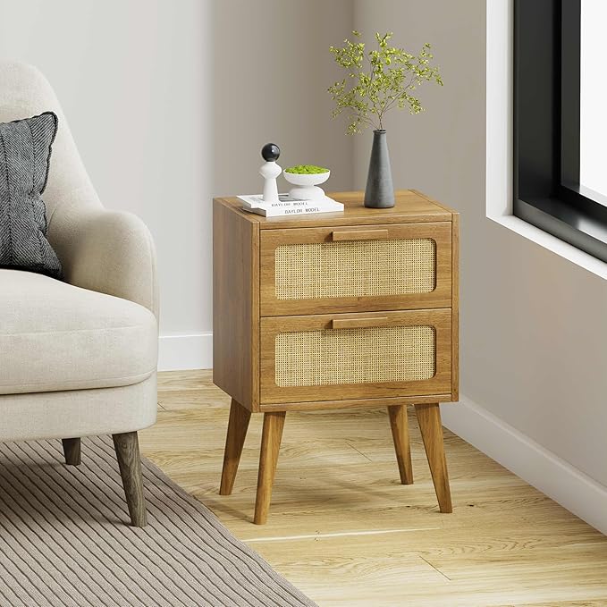 YAUKOMEL Rattan Nightstand, Wood End Table, Side Table with 2 Hand Made Rattan Decorated Drawers,Boho Bedside Table,Wood Accent Table with Storage for Livingroom, Bedroom, Toffee Wood CTG59T