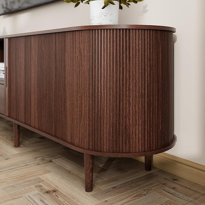 DHH 86.6" Fluted TV Stand with Power Outlet for TVs up to 90", TV Console with Adjustable Shelves and Sliding Door,Mid Century Modern Entertainment Center for Living Room,Bedroom (Walnut, 86.6Inch)