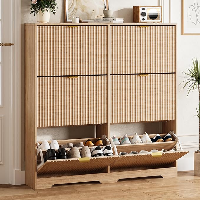 HUANLEGO Shoe Cabinet Storage for Entryway with 6 Flip Drawers, Oak Fluted Shoe Cabinet with Adjustable Shelves, Wooden Hidden Shoe Rack Freestanding Narrow Slim Shoes Storage for Hallway, Entrance