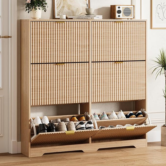 HUANLEGO Shoe Cabinet Storage for Entryway with 6 Flip Drawers, Oak Fluted Shoe Cabinet with Adjustable Shelves, Wooden Hidden Shoe Rack Freestanding Narrow Slim Shoes Storage for Hallway, Entrance