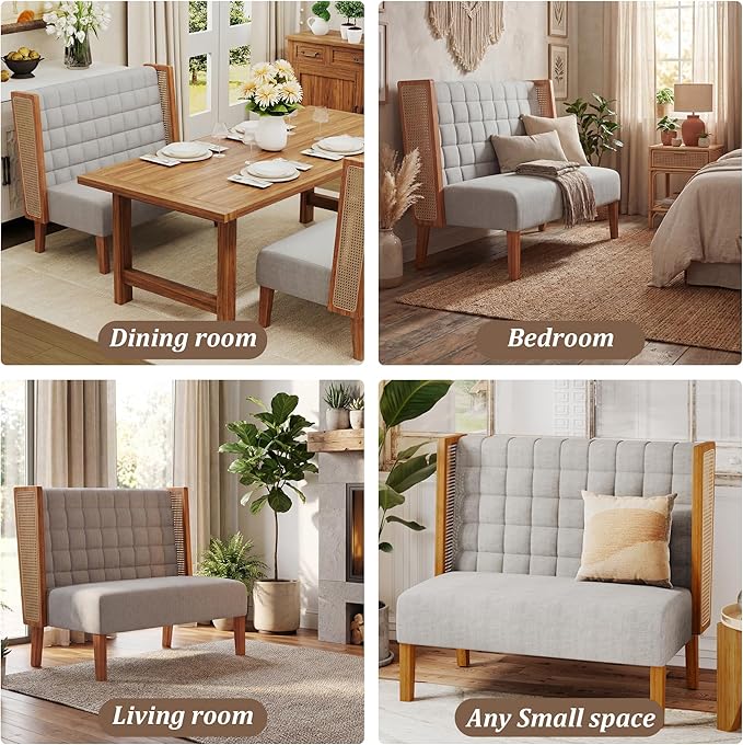 Andeworld Loveseat Settee Bench with Rattan Arms, Upholstered Modern Mini High-Back Sofa Couch,Banquette Dining Bench for Living Dining Room Bedroom Office Small Space Entryway，Grey