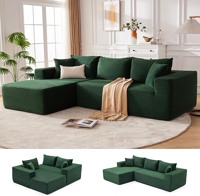 Mangodan 110” Cloud Sectional Couch, Modular Sectional Sofa for Living Room, Boneless Sofa with Deep Seat, Comfy Fluffy Couch with L-Shaped Chaise, No Assembly Required (Left-Facing Chaise, Green)
