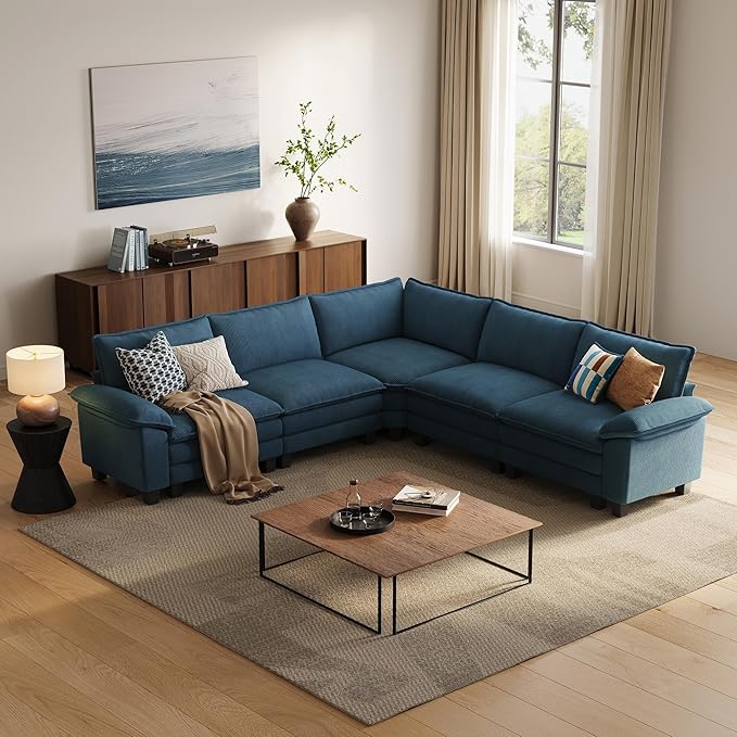 LINSY HOME Modular Sectional Sofa, 5-Seat Corduroy Modern Cloud Couch with Deep Seat, Perfect for Living Room, Office, Bedroom, Blue