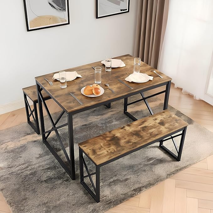 VECELO 43.3" Kitchen Dining Table Set for 4, Heavy-Duty Steel Frame & Wood-Grain Tabletop, Space-Saving Dinette Sets with 2 Benches for Breakfast Nook and Small Space, Brown