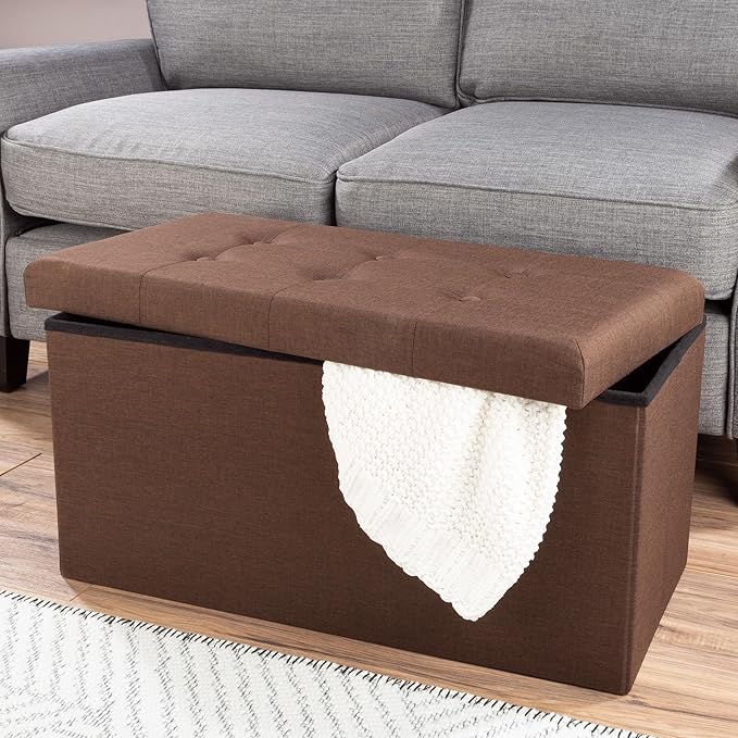 Lavish Home Folding Storage Ottoman - Set of 2 30-Inch Tufted Footrest, Linen Chest, or Bench with Removable Bin for Living Room, Bedroom, or Dorm (Brown)