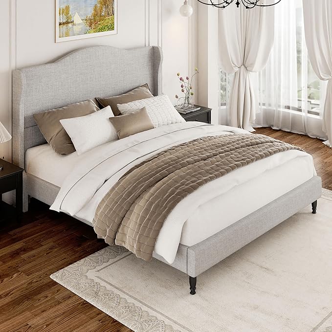 Queen Bed Frame with 50.4" Tall Wingback Headboard, Upholstered Platform Bed with Wood Slats, 1000 lbs Capacity, No Box Spring Needed, Easy Assembly, Beige
