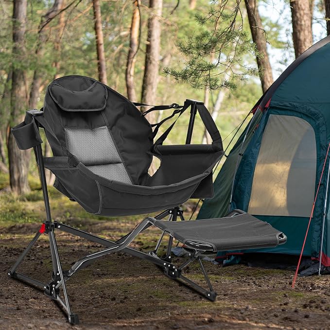 Ainfox Hammock Chair with Footrest, Oversized Swinging Portable Folding Camping Chairs for Adults Outside Swinging Camp with Cup Holder Pillow for Outdoor Patio Lawn Black